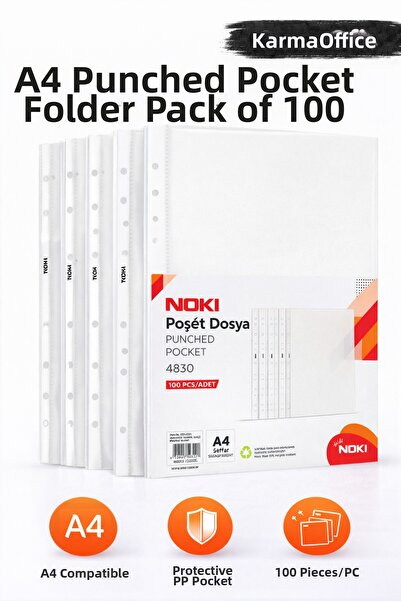 KarmaOfis A4 Pouch File 100 Pack – Transparent Perforated Pp Document Protect...