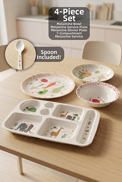 Meleni Baby طقم تغذية من الميلامين مكون من 4 قطع - طبق طعام للأطفال والرضع مع...