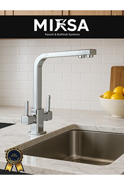 MİXSA Luxury Square Polished Chrome Sink Kitchen Faucet (Hot-Cold Inlet, Bras...