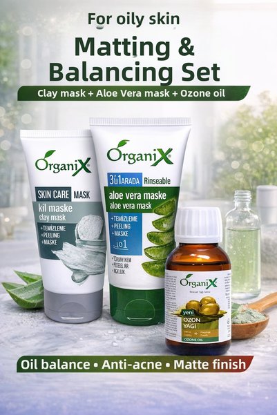 Organix مجموعة العناية بالبشرة لتثبيت البشرة وتوازنها للبشرة الدهنية |   قناع الطين والصبار + زيت الأوزون