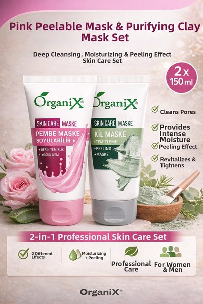 Organix Pink Peel-Off Face Mask & Purifying Clay Mask – Peeling Effective Skin Care Set (2X 150ml)