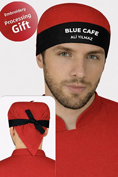 Üniformanya Black and Red Restaurant Chef Bandana with Name Gift Chef Bandana...