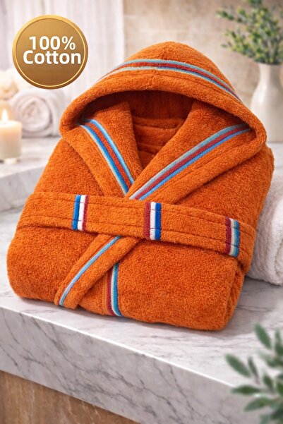 İQON 100% Cotton Unisex Bathrobe with Stripes Orange