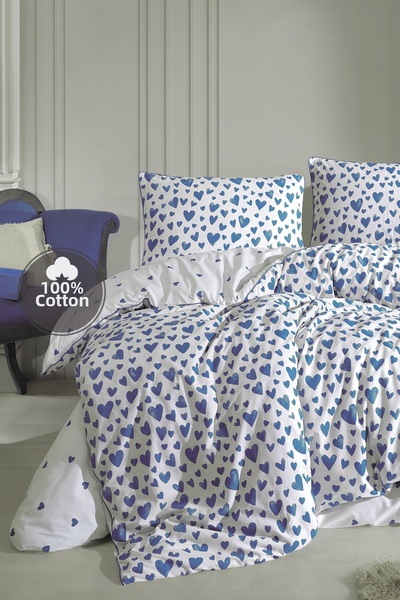 Cote Blanc Love Blue 100% Cotton Double Size Piped Double-Sided Duvet Cover Set