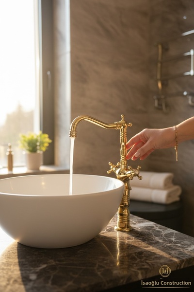 İSAOĞLU YAPI Basin Faucet Gold Color High Model Rustic Washbasin Fixture Bras...