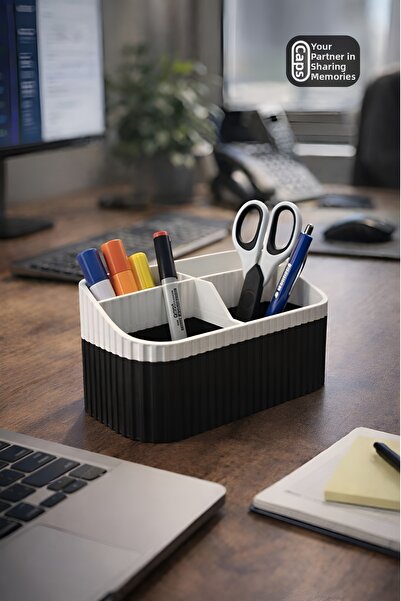 caps office منظم سطح المكتب باللونين الأسود والأبيض مع 4 أقسام - حامل أقلام، ...