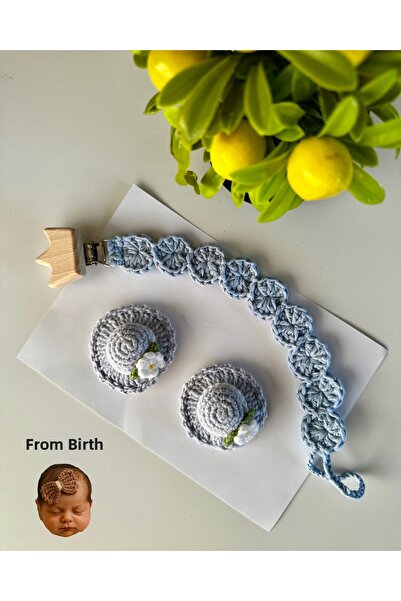 livadesign7 Newborn Hairless Baby Hair Clip and Pacifier Strap Handmade Knitt...