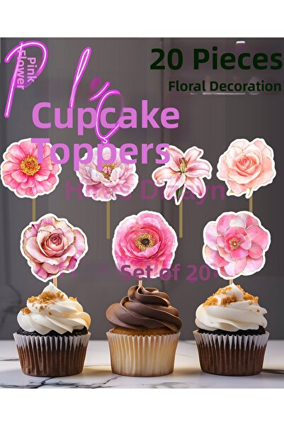 Hiras Dizayn 20Pcs Pink Flowers Toothpick Ornament Set Cupcake Pastry Cookie ...
