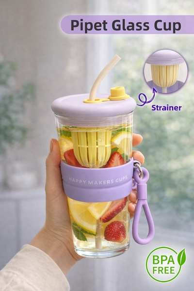 naturelove كوب زجاجي من البوروسيليكات مع ماصة - تصميم مع مقبض للحمل ومصفاة، ك...