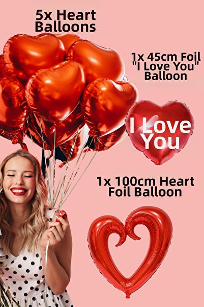 Baloncu Dede 5 بالونات من رقائق الفويل على شكل قلب أحمر أحبك، بالونات من رقائ...