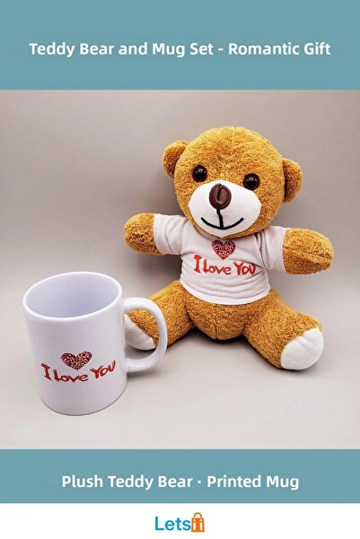 Letsii تي شيرت بني مكتوب عليه I Love You ودمية دب قطيفة و مطبوع أكواب