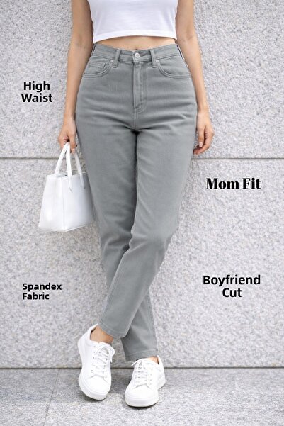 CEDY DENIM Mom Fit Jean High Waist Boyfriend Cut Stretch Fabric Stone Women's...