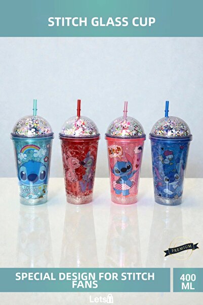 Letsii Cute Stitch Themed Drinking Cup with Straw and Lighted Sequins 400ml