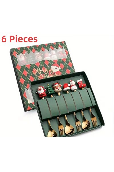 La Saade Golden Christmas Dessert Set – 6 Piece Christmas Themed Dessert Spoo...
