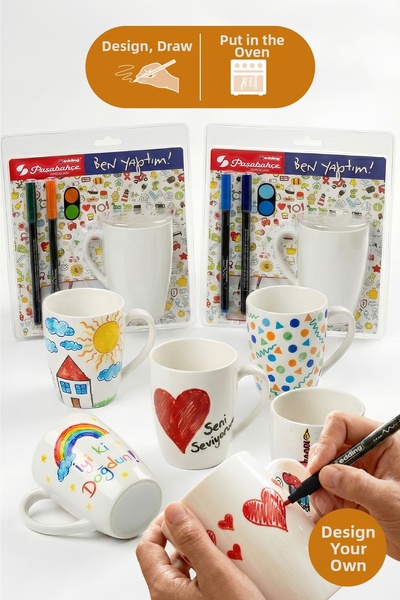Vienev DIY Design Your Own Mug Set Paşabahçe X Edding - 2 Mugs + 4 Colors (Bl...