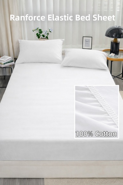 NazeninHome Ranforce 100% Cotton Elastic Fitted Sheet Double Size White (180X...