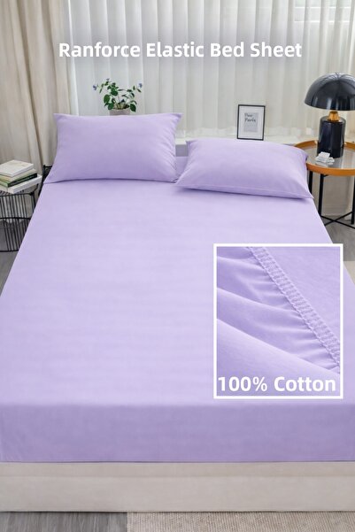 NazeninHome Ranforce 100% Cotton Elastic Fitted Sheet Set Single Size Lilac w...