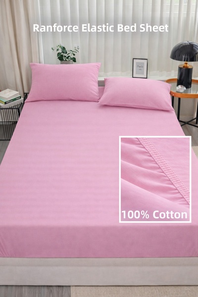NazeninHome Ranforce 100% Cotton Elastic Fitted Sheet Double Size Pink (180X2...