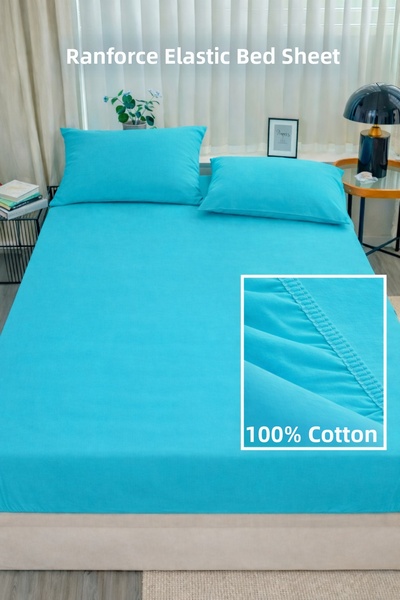 NazeninHome Ranforce 100% Cotton Elastic Fitted Sheet Set Double Size Turquoi...