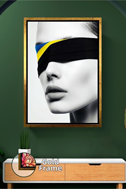 KOSS Dijital Galben Albastru detaliu cu dungi Negru Alb Portret de femeie Art...