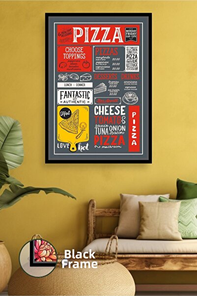 KOSS Dijital Retro Pizza Menu Design Framed Canvas Painting for Kitchen and R...