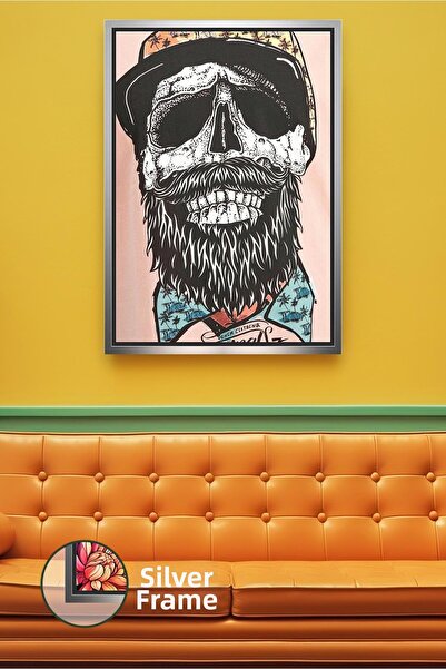 KOSS Dijital Bearded Skull Hipster Figure Barber Wall Decor Framed Canvas Pai...
