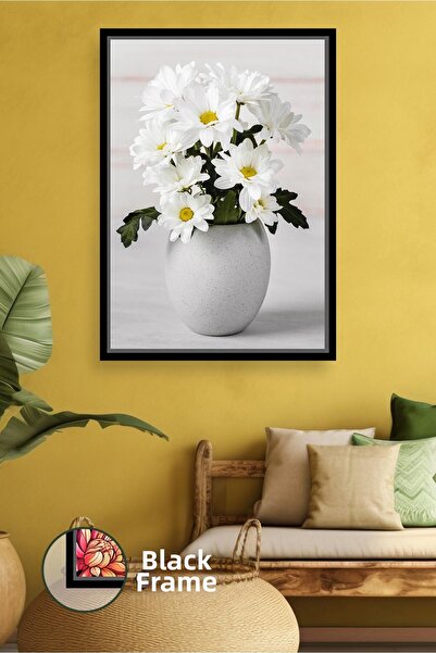 KOSS Dijital White Daisy Flower Decorative Painting Minimal Framed Canvas Pai...