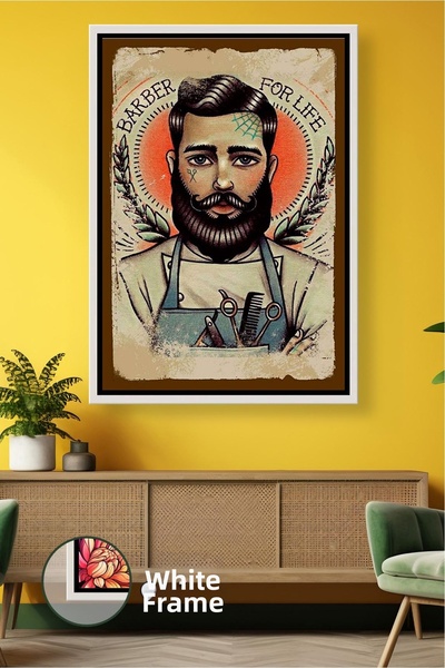 KOSS Dijital Classic Barber Concept Framed Canvas Painting Featuring a Bearde...