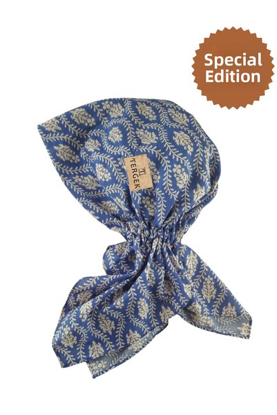 Tergek Elastic Bandana Blue Ecru Patterned Women's Practical Daily Sports Doctor Nurse Hospital Chemotherapy Headscarf