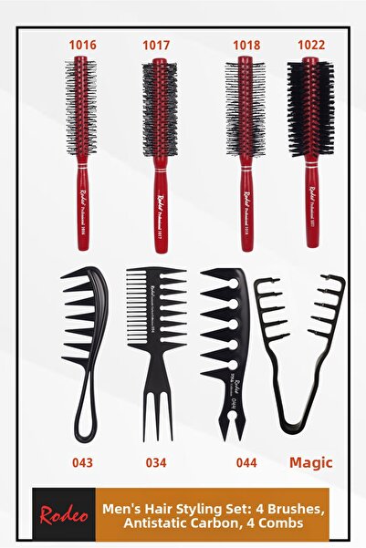 RODEO 4-Piece Men's Styling Brush Set + 4-Piece Styling Carbon Comb Set