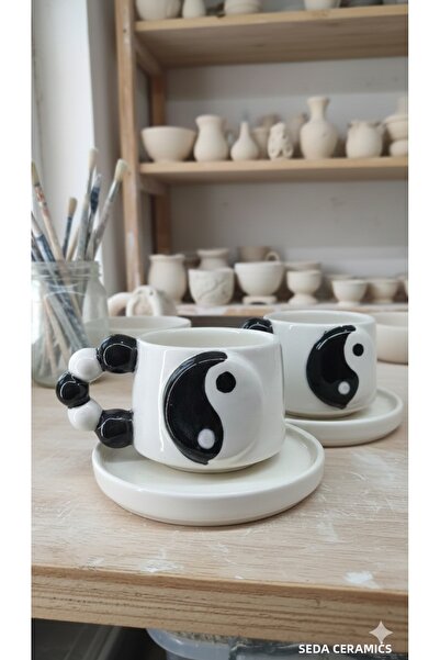 seda seramik Handmade Yin Yang Themed Double 2-Piece Ceramic Coffee Cup Set f...