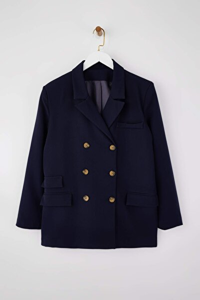 Trendyol Curve Navy Blue Shoulder Pad Pack Woven Plus Size Jacket Tbbss26Ag00003