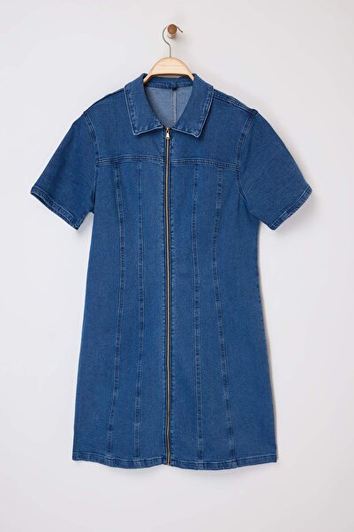 Trendyol Curve Blue Front Zipper Medium Stretch Denim Plus Size Dress Tbbss24...