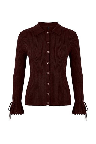 Trendyol Curve Burgundy Mercerized Look Corded Fabric Polo Neck Knitwear Card...