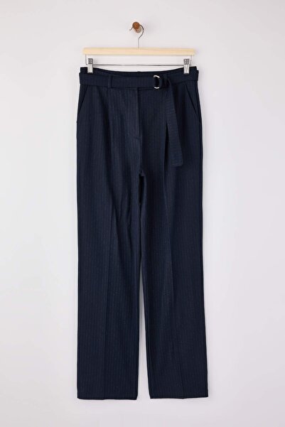 Trendyol Collection Navy Blue Belted Self-Striped Woven Wideleg/Wide-Leg Trou...