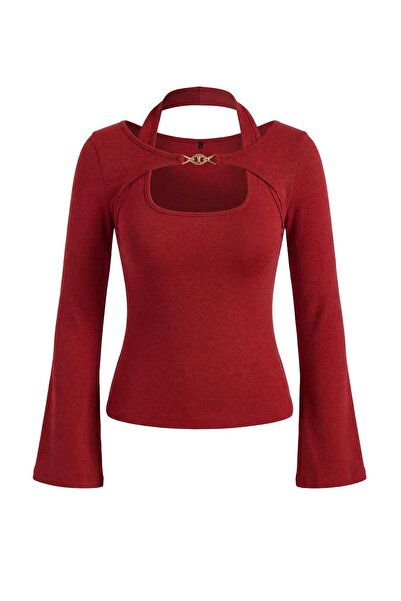 Trendyol Collection Κόκκινη πλεκτή μπλούζα από βαμβακερό πλεκτό ύφασμα με λεπ...