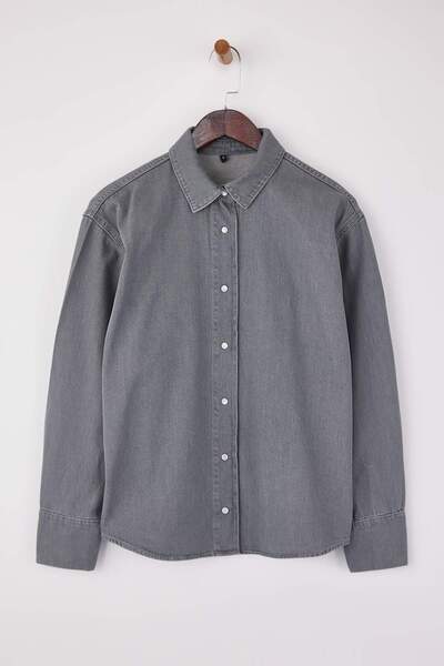 Trendyol Collection Cămașă gri supradimensionat basic 100% bumbac denim TWOSS...