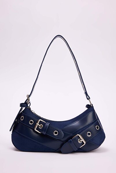 TRENDYOL SHOES Navy Blue Eyelet Belt Buckle Detailed Women's Baguette Shoulde...