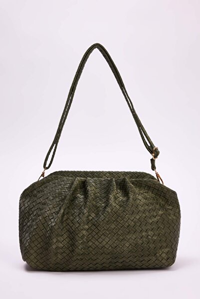 TRENDYOL SHOES Khakifarbene, gestrickte, gemusterte Damenhandtasche mit doppe...