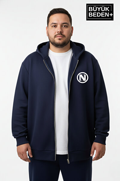 Superlife Erkek Büyük Beden Kapüşonlu Fermuarlı N Baskılı ince Sweatshirt Hır...
