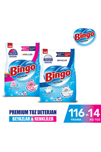 Bingo Premium Toz Çamaşır Deterjanı 7 Kg Renkli + Premium Toz Çamaşır Deterjanı 7 Kg Beyaz