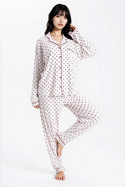 Ecrou Γυναικείο σετ πιτζάμες με μακρυμάνικο παντελόνι με υφή Seoul πλέξη ριμπ από την Stone Pari