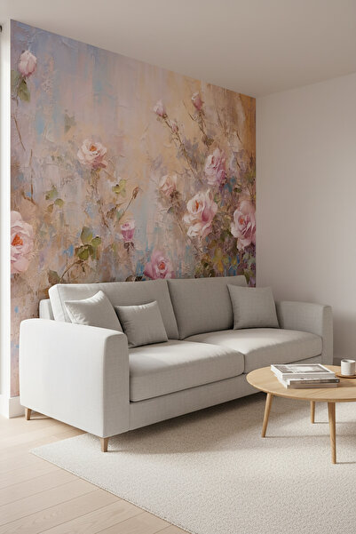 dreamwall Pastel Gül Desenli Yağlı Boya Efektli Romantik Tekstil Duvar Kağıdı