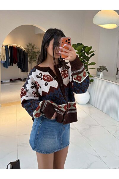 Lavanta Tekstil Flower Patterned Brown Cardigan