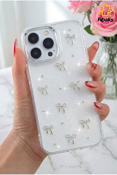 Fibaks Apple iPhone 12 Pro Max Case Bow Pattern Transparent Glitter Silver Camera Protruding Glossy Cover