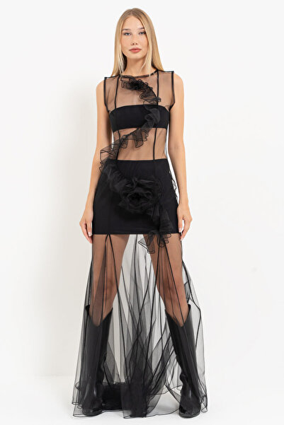 Kikiriki Siyah Kolsuz Uzun Tül Elbise