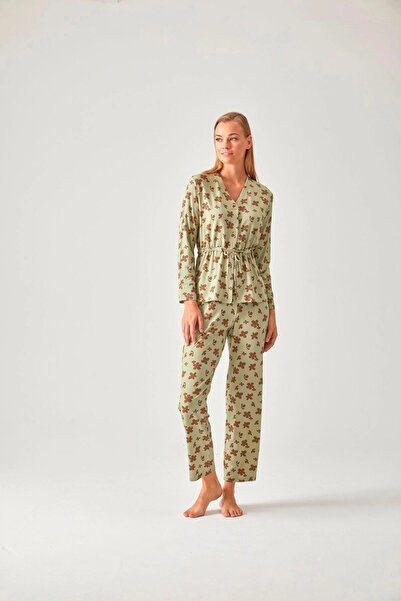 Pamuk & Pamuk Viscose Women's Pajama Set - Pistachio Green Floral Pattern, Waist-Tied