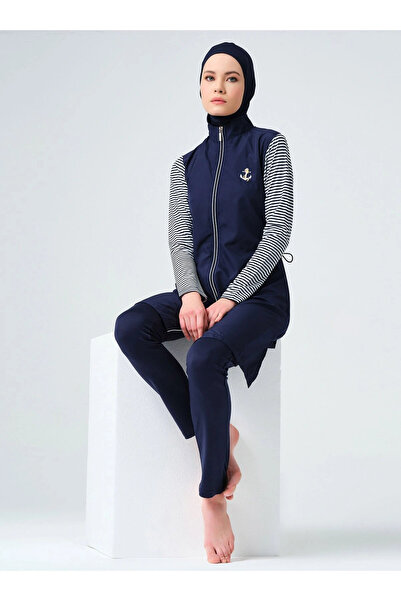 ALFASA Costum de baie pentru femei, cu mâneci lungi, albastru bleumarin, acop...