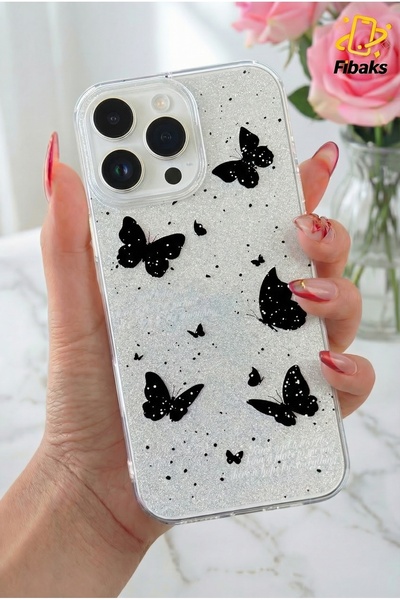 Fibaks غطاء متوافق مع هاتف Apple iPhone 12 Pro Max، لون أسود لامع بنمط الفراش...