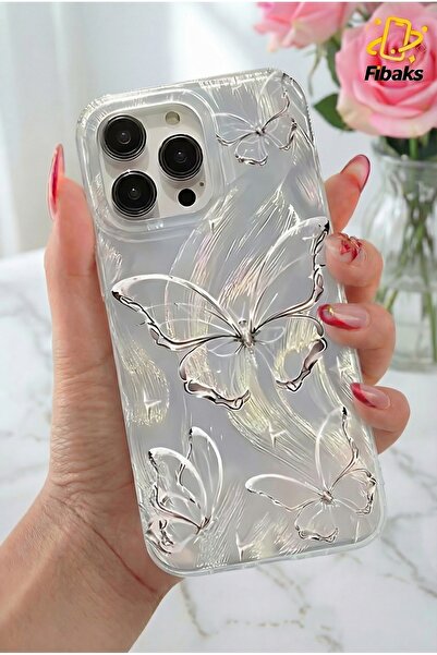 Fibaks Apple iPhone 11 Pro Max Kılıf Parlak Hologramlı Kelebek Desenli Darbe Emici Kamera Korumalı Silikon